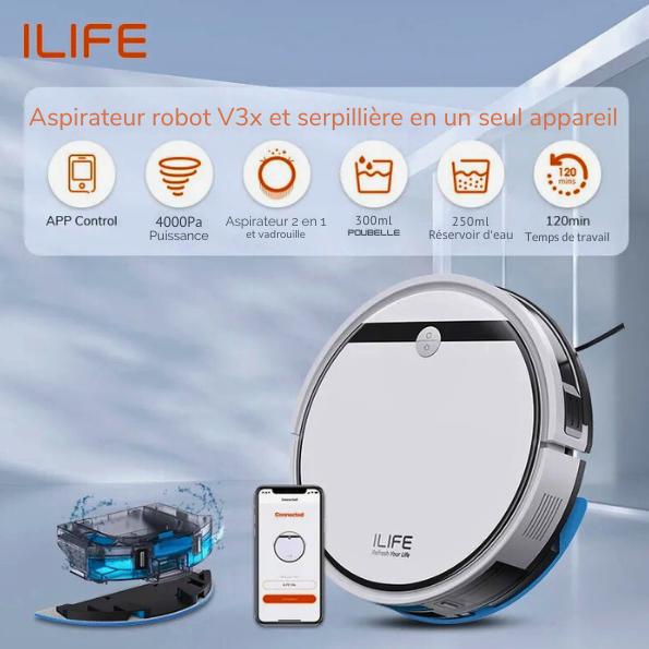 Aspirateur Robot Poils Animaux Silencieux Compatible Alexa 3000Pa